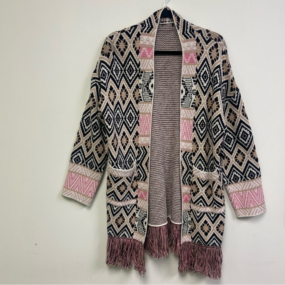 Open-Front Geometric Fringe Cardigan Sweater - Pink, Cream & Black